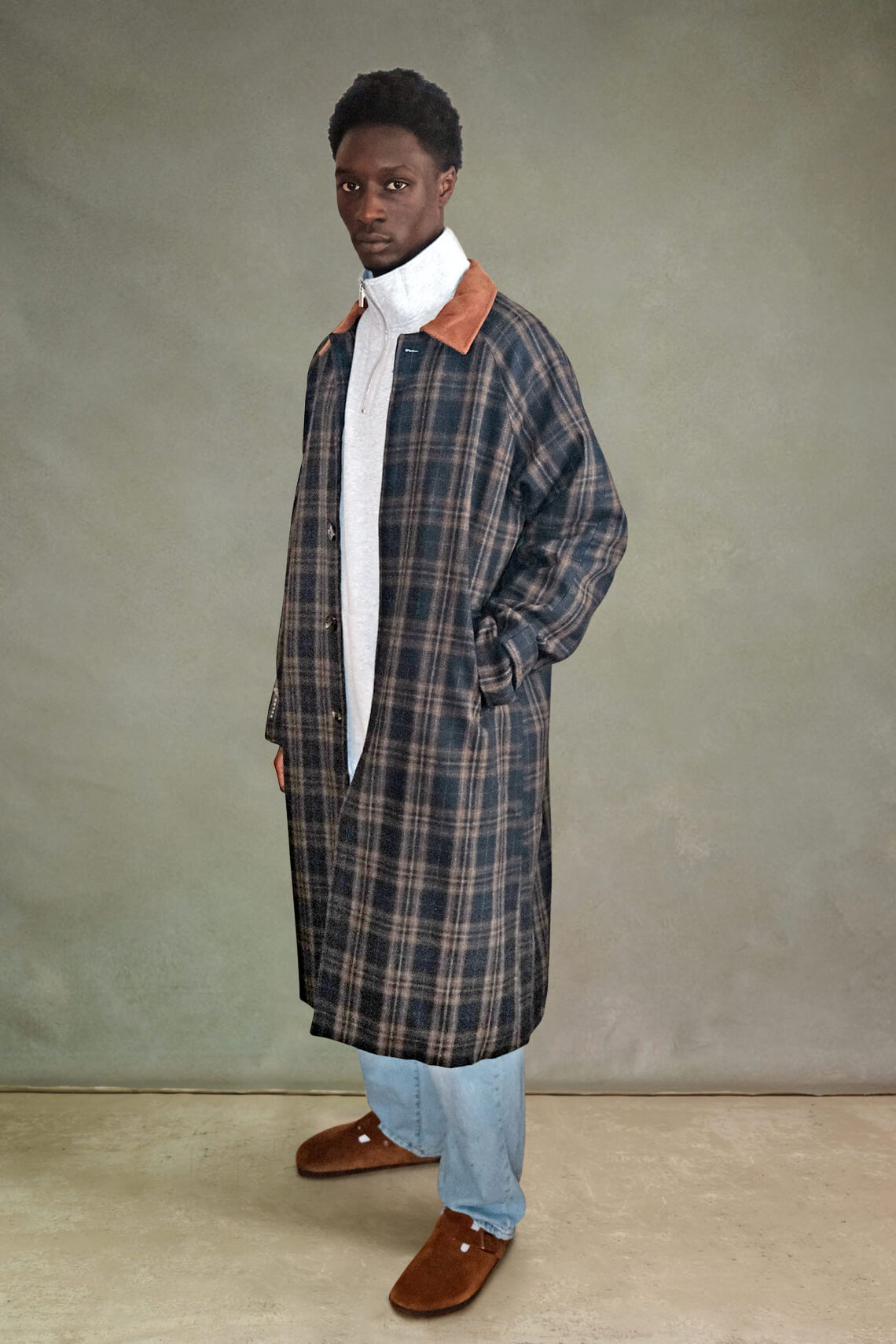 Plaid Overcoat - Navy / Brown