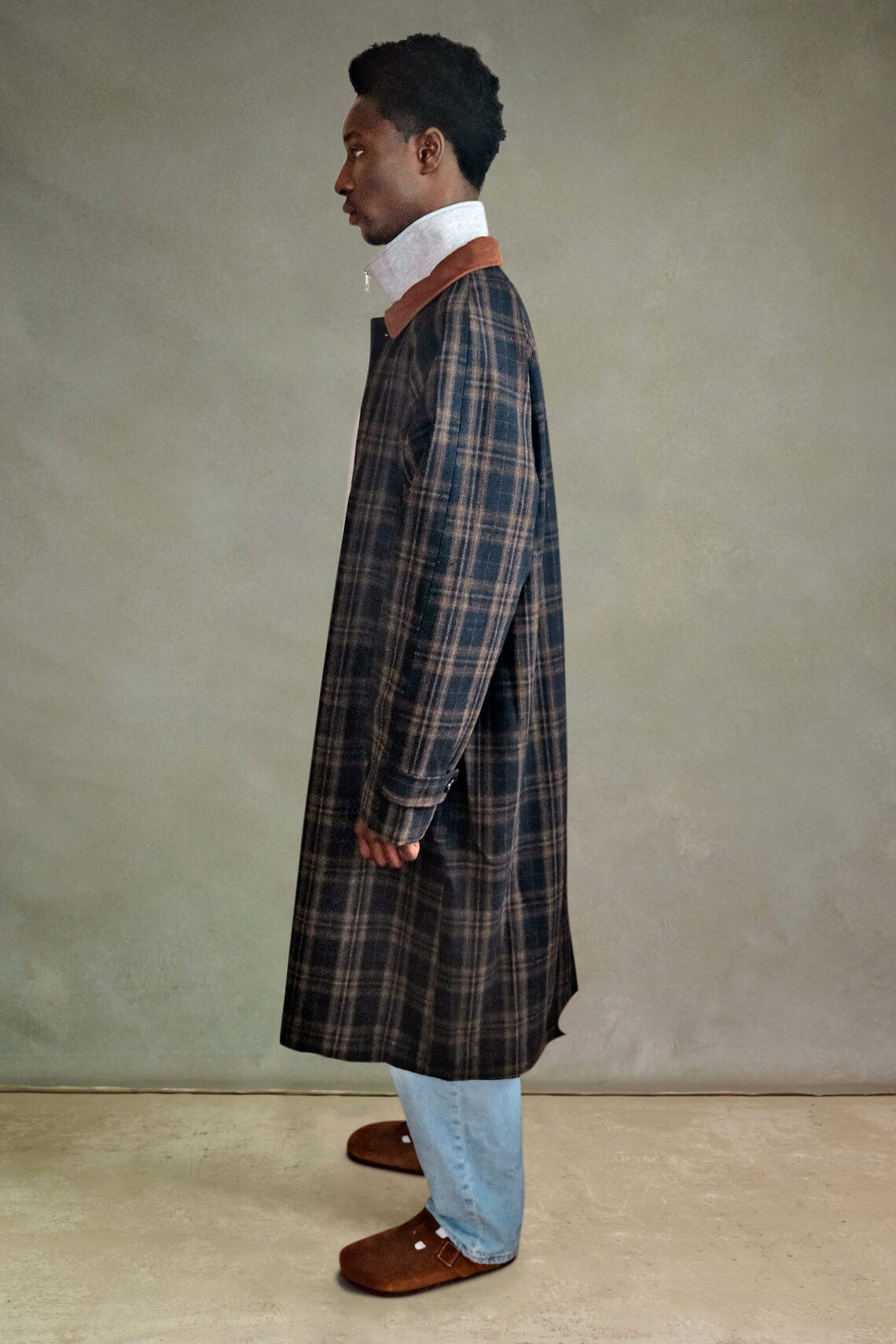 Plaid Overcoat - Navy / Brown