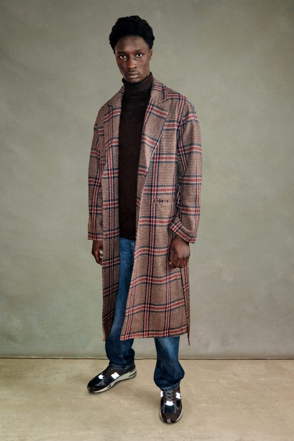 Plaid Belt Overcoat - Brown / Burgundy