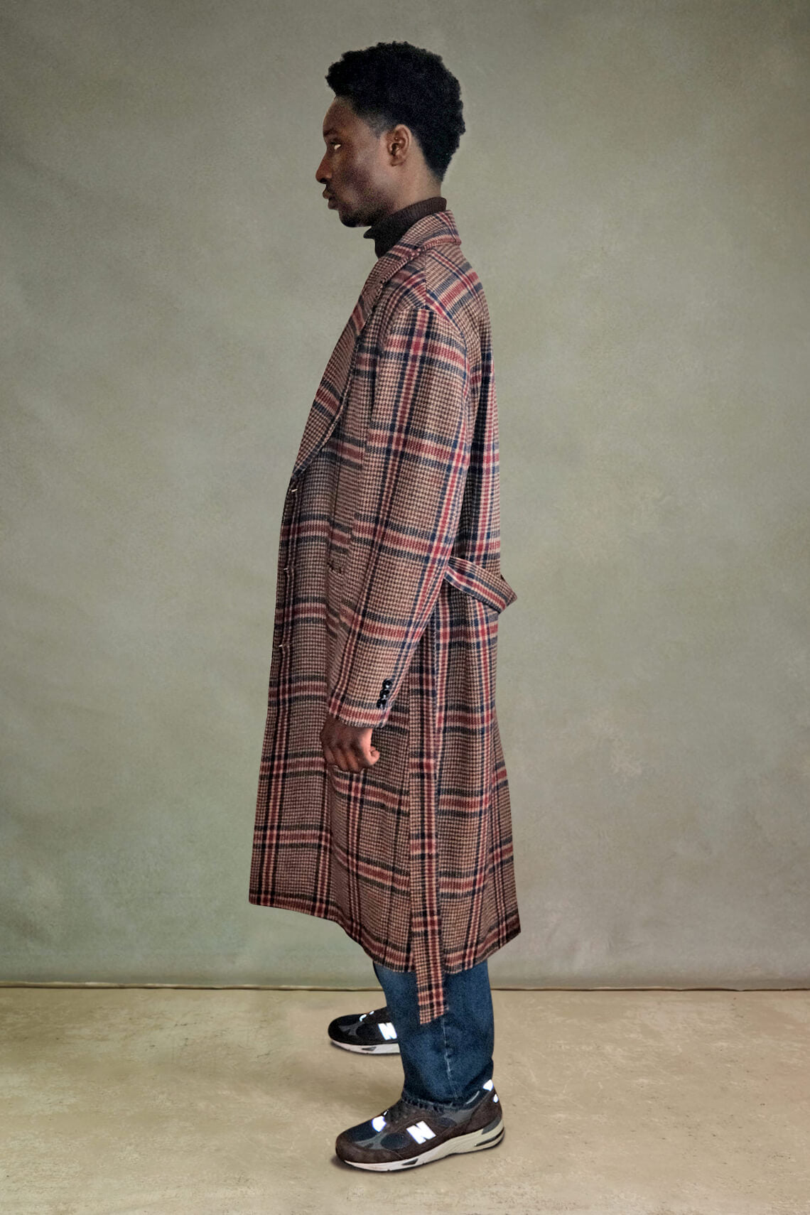 Plaid Belt Overcoat - Brown / Burgundy