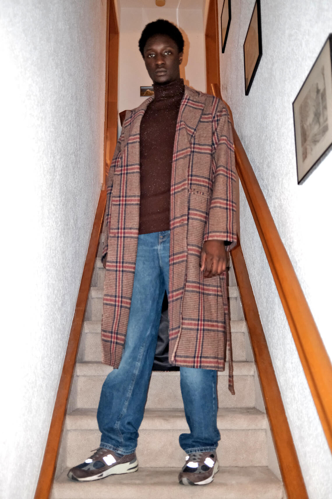 Plaid Belt Overcoat - Brown / Burgundy