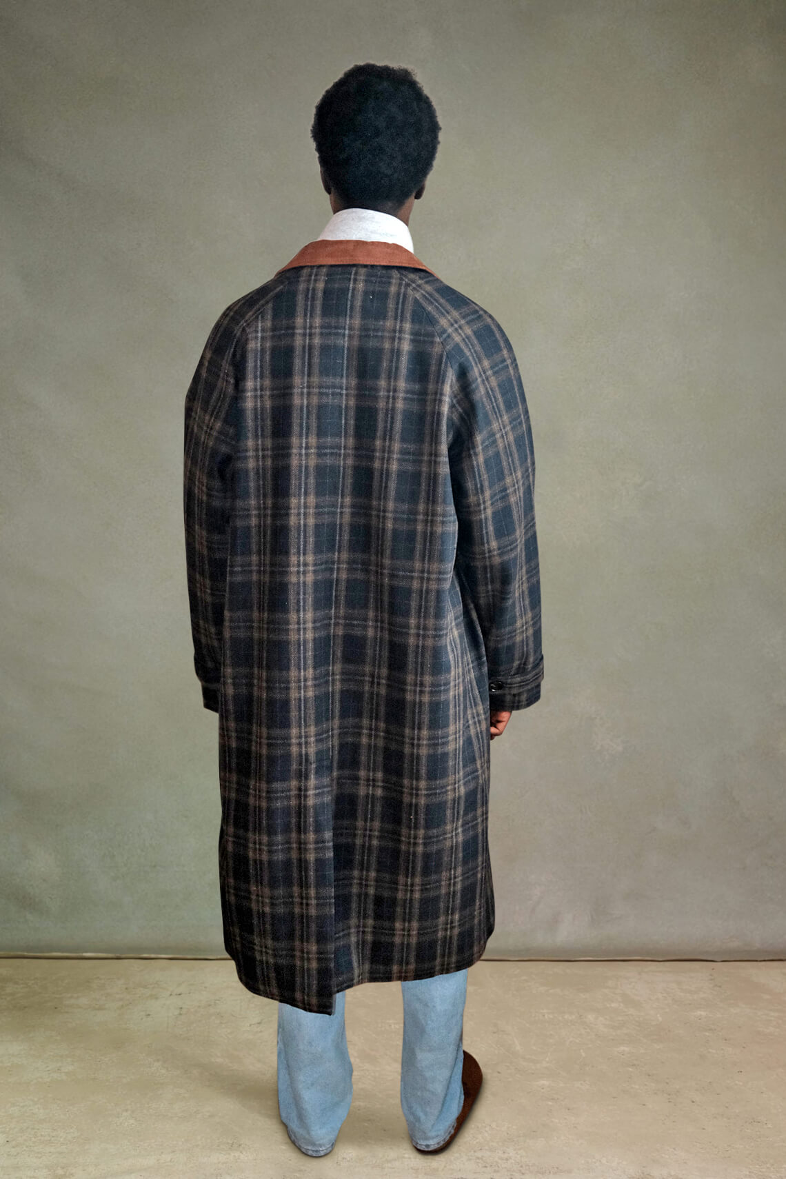 Plaid Overcoat - Navy / Brown